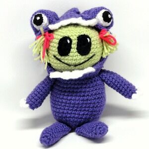 Handmade Crochet Alien Green Girl Wearing Purple Frog Costume Hoodie Plush Doll
